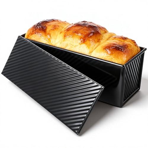 Lyksgir Pullman Loaf Pan with Lid 13x4 Inch, 2.2lb Carbon Steel Bread Pan, 2.2 lb Dough Capacity Bread Loaf Pans Heavy Duty, for Homemade Sourdough & Sandwich Breads, Nonstick & Easy Clean, Black