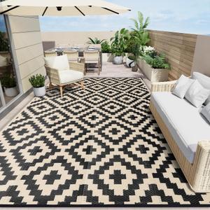 OLANLY Waterproof Outdoor Rug 10x14 ft, Outdoor Plastic Straw Rug for Camping, RV Mat Outside, Outdoor Carpet for Porch, Deck, Backyard, Balcony, Picnic, Black & Beige