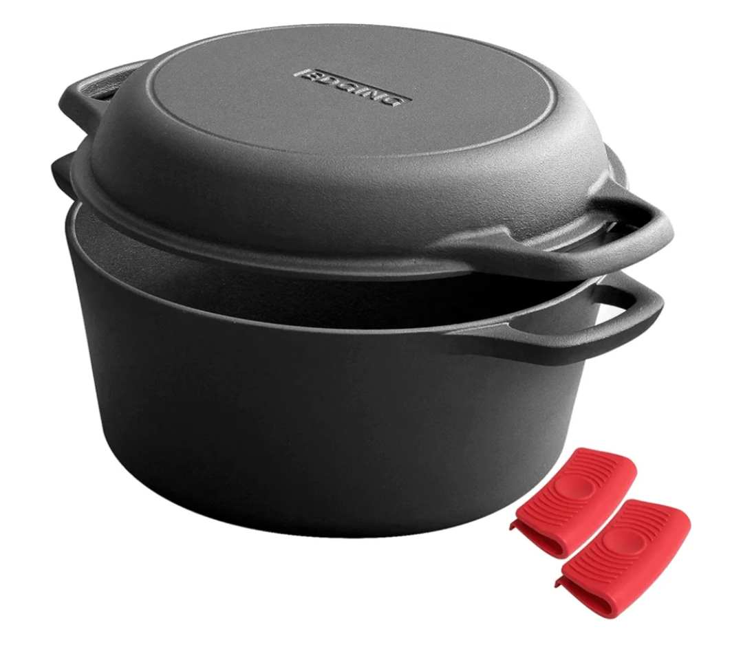 EDGING CASTING 2in1 PreSeasoned Cast Iron Dutch Oven Pot with Skillet Lid Cooking Pan, Cast Iron Skillet Cookware Pan Set with Dual Handles, Indoor Outdoor for Bread/Frying/Baking/Camping/BBQ, 5 Qt