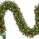 Joiedomi 9Ft Christmas Garland Prelit with Lights, 100 Warm White LED, 27 Pine Cones, 27 Red Berries for Home & Office Christmas Indoor and Outdoor Decorations (Battery Powered, not Included)