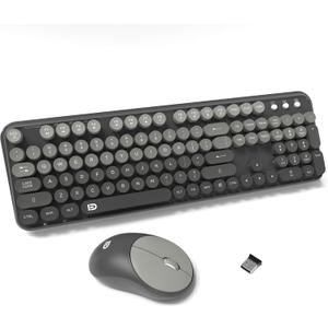 FOPETT Wireless Keyboard and Mouse Combo - Cute Colorful Mouse and Keyboard 2.4G Full-Sized with 104 Round Keys Retro Typewriter Keyboards for Laptop/Windows/PC - Grey Gradient