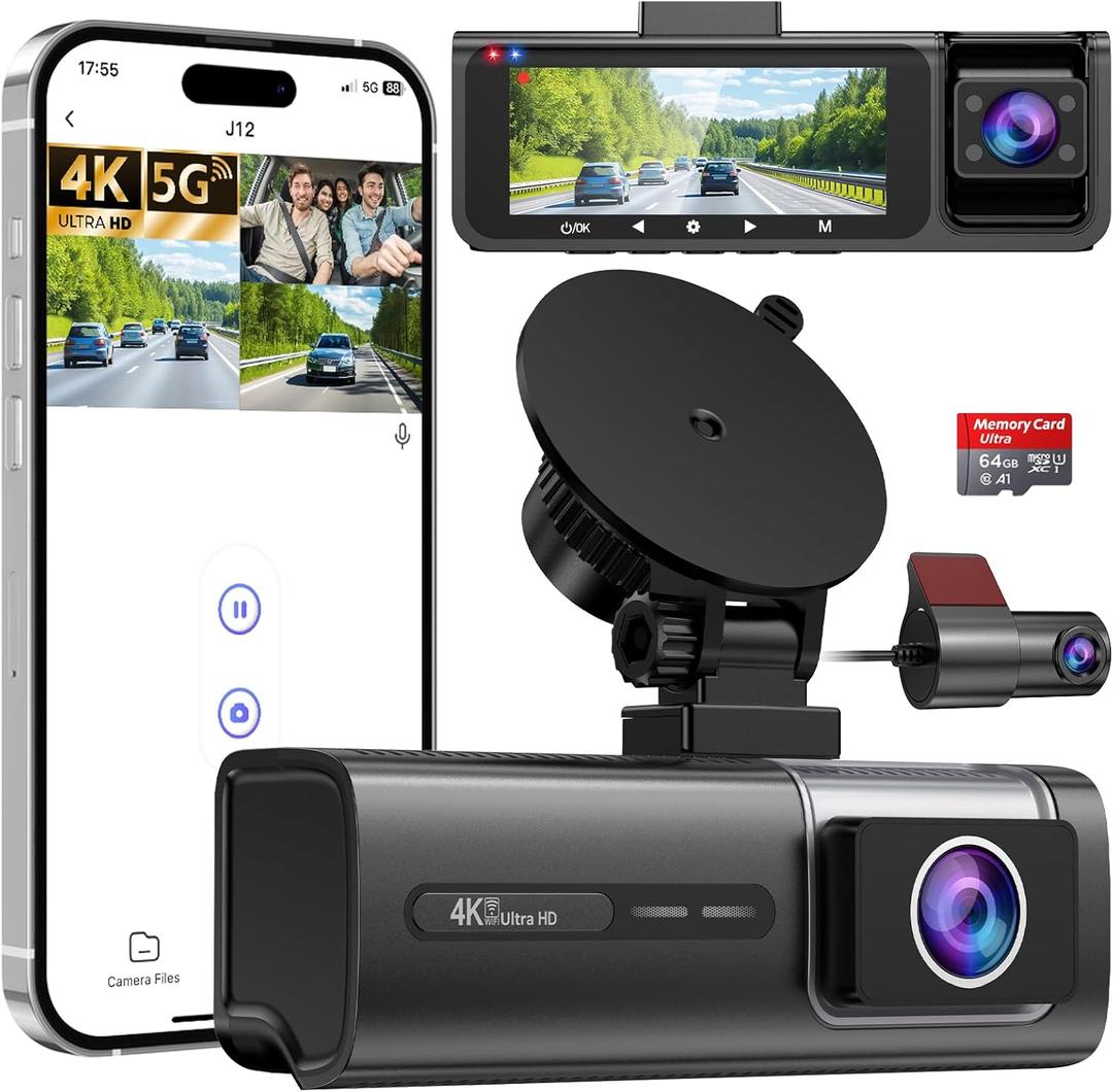 3 Channel 5G WiFi Dash Cam, 4K+1080P+1080P Dash Cam Front and Rear Inside with 64GB Card, 3.16 IPS Screen, G-Sensor, Loop Recording, Parking Monitor, 170 Wide Angle, IR Night Vision, WDR, Silver