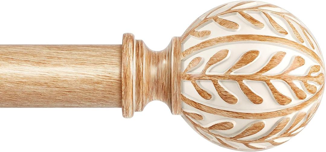 Wood Curtain Rods for Windows 48 to 84, 1 Inch Heavy Duty Boho Drapery Rods with Imitation Wood Grain olive leaf motif Finials, Rustic Decorative Curtain Pole set, 32"-86", Brown