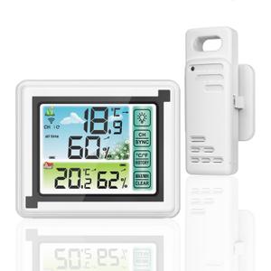 Indoor Outdoor Thermometer Hygrometer Wireless Weather Stations, Humidity Monitor Battery Powered Digital Temperature Gauge with 60m/200ft Range Remote Sensor and Adjustable Backlight (White)