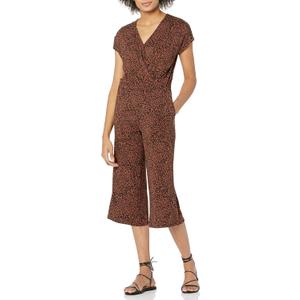 Amazon Essentials Women's Short-Sleeve Surplice Cropped Wide-Leg Jumpsuit (Medium, Brown Animal Print)