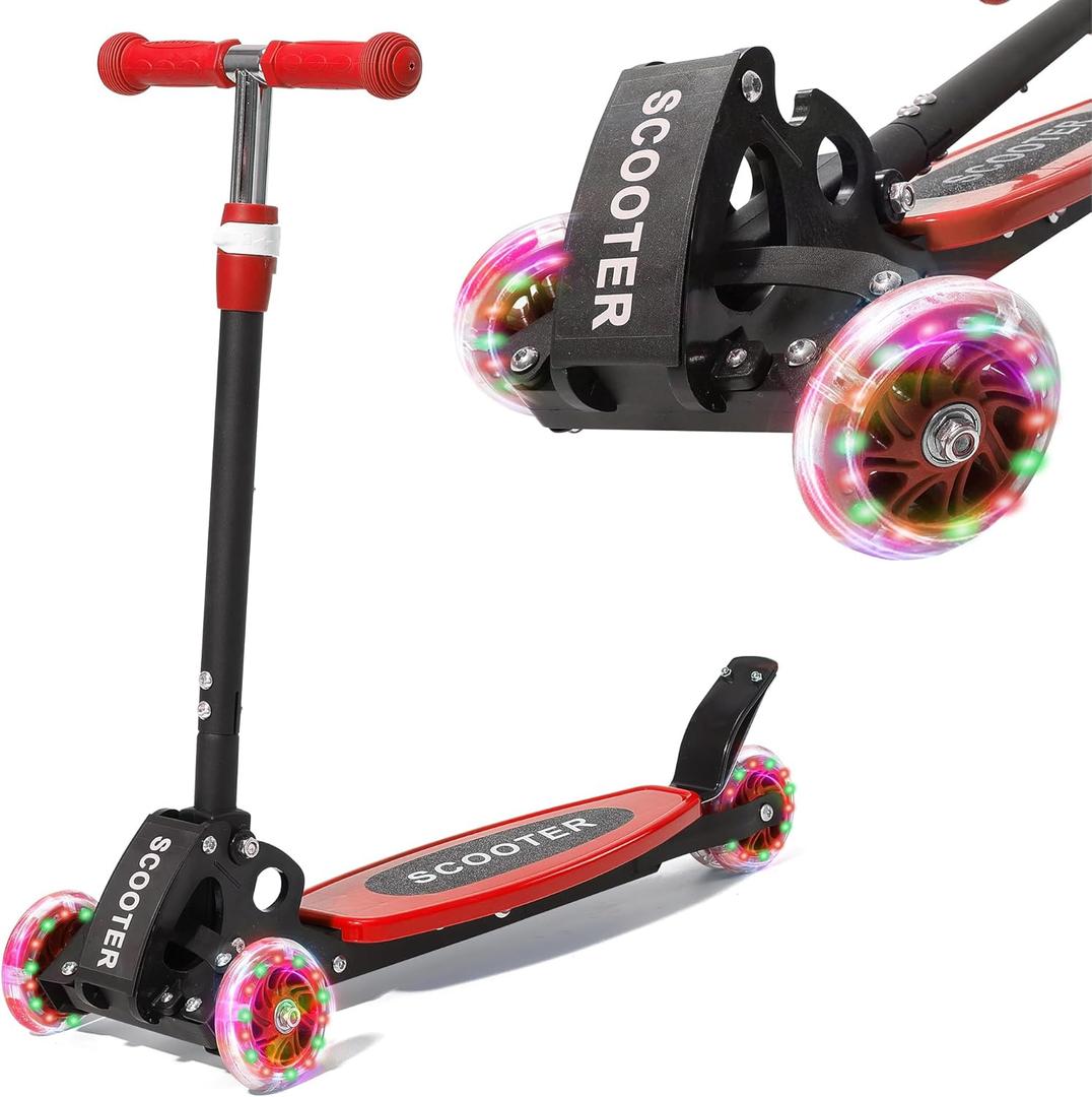 Toddler Scooter, 3 Wheels for Kids 2-7 Year Old LED Lighted, Folding Lean-to-Steer Kids Scooter with 3 Adjustable Handlebar for Boys Girls