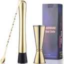 Gold Muddler for Cocktails, 10 Inches Bar Spoon, 1 oz 2 oz Double Jigger- Premium 3 Piece Gold Mixing Tools Set for Drinks