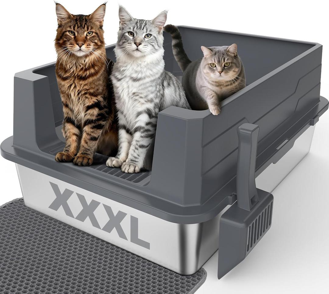 Stainless Steel Litter Box Extra Large for Big Cats Multi-Cats, Jumbo Extra Large Metal Cat Litter Box with High Sided Lid, Anti-Urine Leakage, Non-Stick,Include Litter Scoop (XXXL, Dark Grey)
