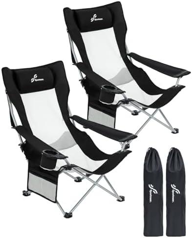 Sportneer Beach Chair: Adjustable Folding Chair with Cup Holder & Side Pocket - Portable & Compact Beach Chairs for Adults with Reclining Positions for Camping Picnic and Outdoor, Black 2 Pack