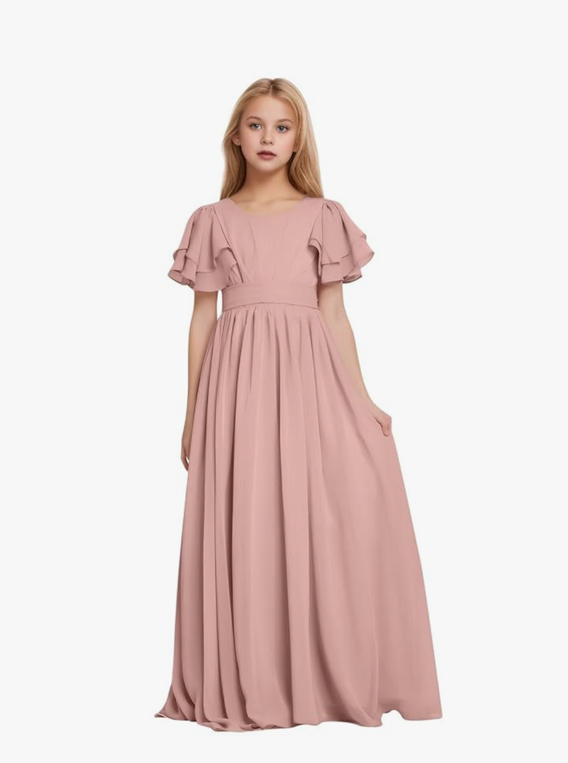 Flower Girl Dress A-Line Flowy Junior Bridesmaid Dresses Ruffle Sleeve Chiffon Maxi Formal Evening Belt L