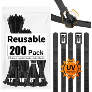 SOOOEC 200 Pack Reusable Zip Ties Assorted Sizes 6+8+10+12 inch UV Resistant, Black Zip Ties Heavy Duty Outdoor Releasable Round Ending No Hurt, Cable Ties Reusable Tie Wraps Indoor Non Slip Off