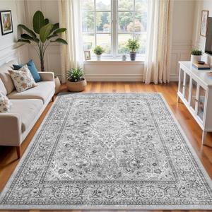 4x6 Grey Washable Boho Area Rug for Bedroom, Vintage Floral Non Slip Living Room Rugs, Soft Low Pile Indoor Mat, Aesthetic Pattern Carpet for Kitchen, Dining Room and Bedside