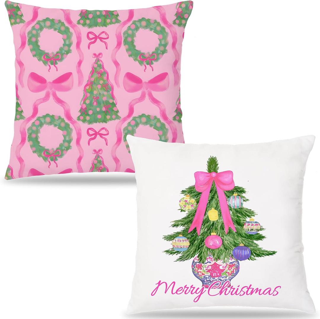 Chinoiserie Porcelain Christmas Tree Lumbar Pillow Covers 18x18 Set of 2 Chinoiserie Pillow CoverPink Bow Chinoiserie Christmas Wreath Pillow Covers for Home Sofa Livingroom (Color-05)