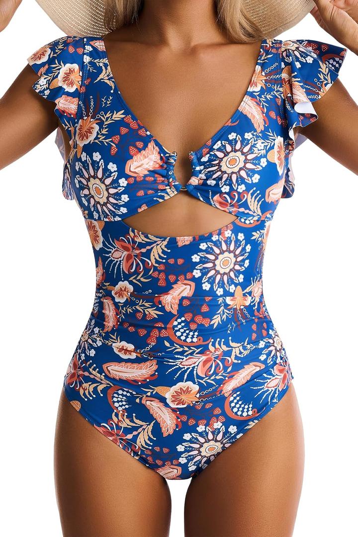 Women's One Piece Swimsuits Tummy Control Ruffle Bathing Suit Cutout Slimming Swim Suit V Neck Ring Linked Swimwear (Blue, XL)