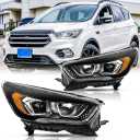 Headlights Assembly with Bulbs for 2017 2018 2019 Ford Escape S SE SEL Titanium Halogen Headlamps w/LED DRL Replacement Driver and Passenger Side Pair (LH RH),Black Housing Amber Reflector