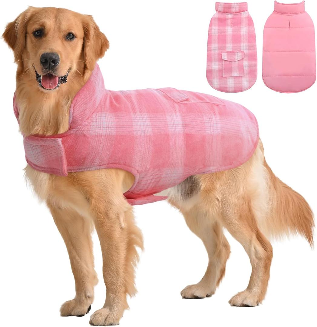 Kuoser Reversible Dog Jacket, Warm Winter Coat - British Style, Windproof, Pink - Small to Large Dogs (Large (Chest Girth: 20.9-24.4''))