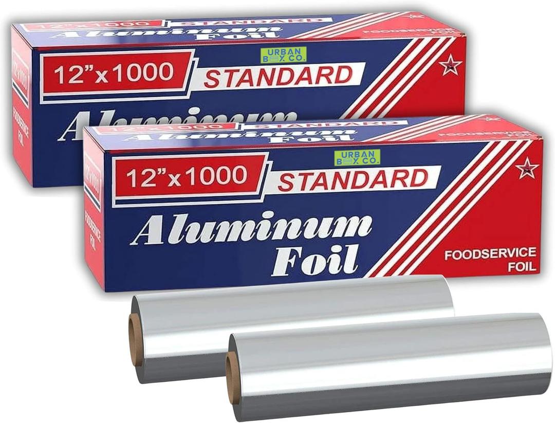 Urban Box Co.Standard Aluminum Foil Roll 12" x 1000 ft (2 Pack), Commercial Grade Silver Foil Wrap, Heat Resistant,Tear -Resistant, Extra Strong for Catering, Baking, Cooking & Food Service Use