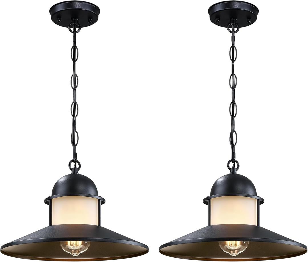 Outdoor Pendant Light 2 Pack, Modern Outside Chandelier Outdoor Hanging Lantern Light in Matte Black with Frosted Glass, Exterior Pendant Lighting Fixture Ceiling Mount for Porch Patio Gazebo
