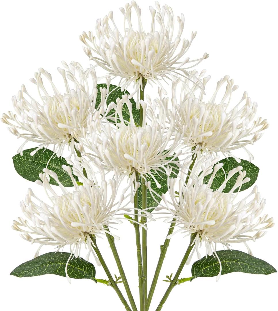 Briful 6PCS Artificial Mums Spring Flowers 4'' White Spider Chrysanthemum Fake Flowers Bouquet for Home Vase Centerpieces Arrangements Bridal Shower Decoration