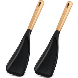 Silicone Spatula Spoon for Nonstick Cookware, Wood Handle Cooking Spoon for Mixing, Scooping & Serving, BPA-Free,Seamless Design,black