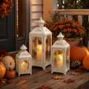 JHY DESIGN Set of 3 Decorative Candle Lantern 19.5" High Metal Vintage Hanging Lantern for Front Porch Home Patio Wedding Party, Festival Decorations(White with Gold Brush)
