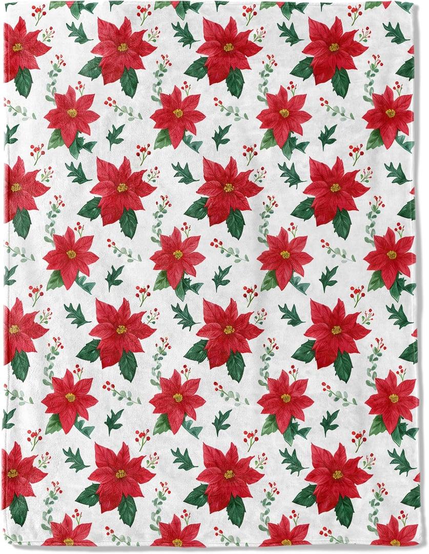 Christmas Decorative Blanket, Watercolor Poinsettia Leaf and Berry Print Throw Decoration, Soft Flannel Winter Blankets for Couch Bed Sofa, Holiday Home Decor, Xmas Festival Gifts 50x60 Inch