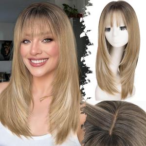 Eawwii Beginner-Friendly Wig with Bangs for Women Ash Blonde Mix Platinum Highlights Straight Face-Framing Layers Hairstyle 4x4 Realistic Scalp Glueless Synthetic Wigs Medium Length for Everyday Use