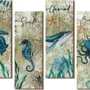 Qunclay 4 Pieces Beach Bathroom Decor Wall Sign Ocean Decor Sea Turtle Wall Art Nautical Bathroom Pictures Coastal Octopus Wood Sign Bedroom Art Teal Accessories Kitchen Home Decorations