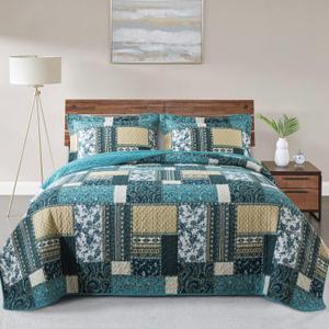 VAPUTAR Quilts Queen Size - 3 Piece Cotton Quilted Bedspread Coverlet, Soft Lightweight Quilted Bedding Set, Patchwork Boho Quilt with Pillowcovers Suitable for All Season and Room Decor (Dream Blue) (Queen (90"  98"))