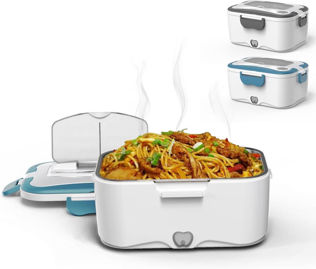 Electric Lunch Box Food Heater - 2-In-1 Portable Food Warmer Lunch Box for Car & Home  Leak proof, 2 Compartments, Carry Bag, removable 304 Stainless Steel Container (Blue, metalic tableware)