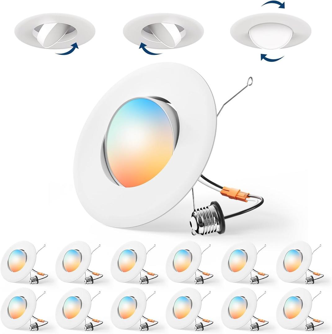 Amico 12 Pack 6 Inch Retrofit Eyeball Gimbal Can Lights, Adjustable Eyeball Directional 5CCT LED Recessed Lights, Dimmable, 2700K/3000K/3500K/4000K/5000K Selectable, 7W 650LM, ETL&FCC