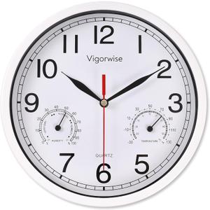 8 Inch White Wall Clock, Sweep Silent Movement Accurate Clocks with Temperature & Humidity, Decorative for Kitchen/Living Room/Bedroom/Office/School/Classroom