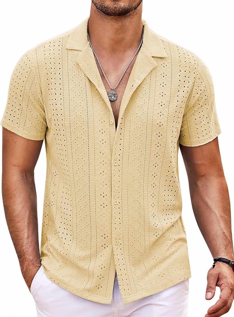 COOFANDY Mens Beach Shirt Short Sleeve Button Down Shirts Casual Cuban Collared Summer Vacation Tropical Shirts (4X-Large, Light Yellow)