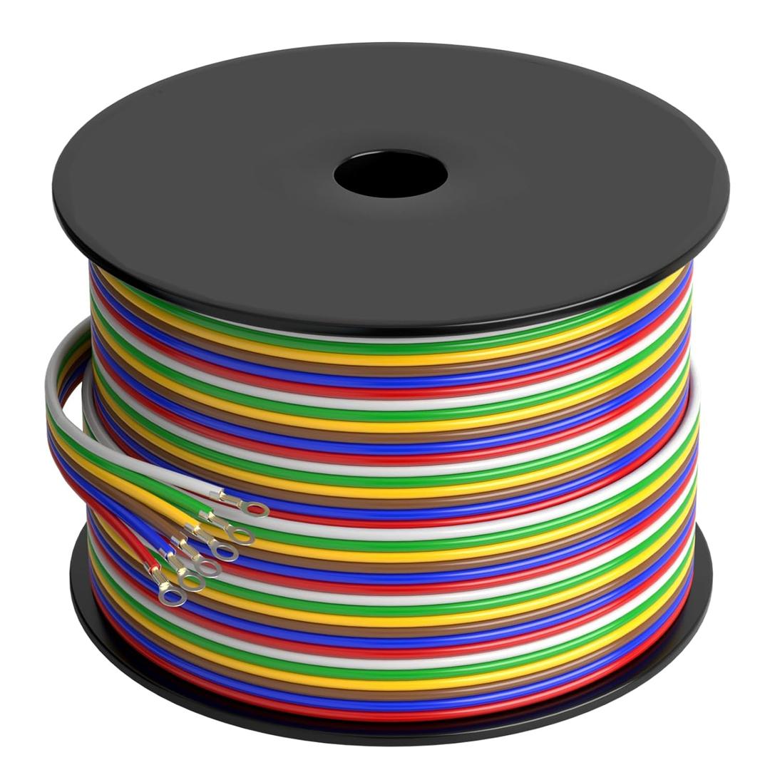 OTOMO Enough Long 100' 14/6 Bonded Extension Trailer Wiring Cable, CCA SAE J1128 Harness Trailer Color-Coded Primary Wire Spools for Trailer RV Camper Towing Boat - Green/Yellow/Brown/White/Red/Bule