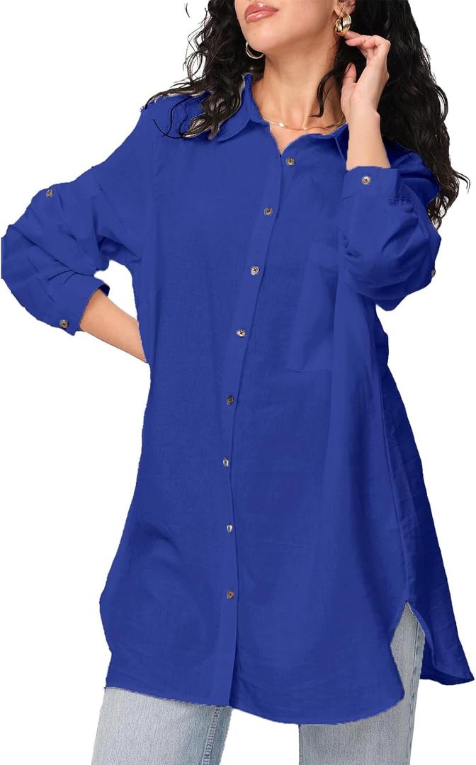 FASHIONSPARK Womens Oversized Button Down Shirts Casual Long Sleeve Blouses Tops Loose Fit Tunic Top, Small, Blue