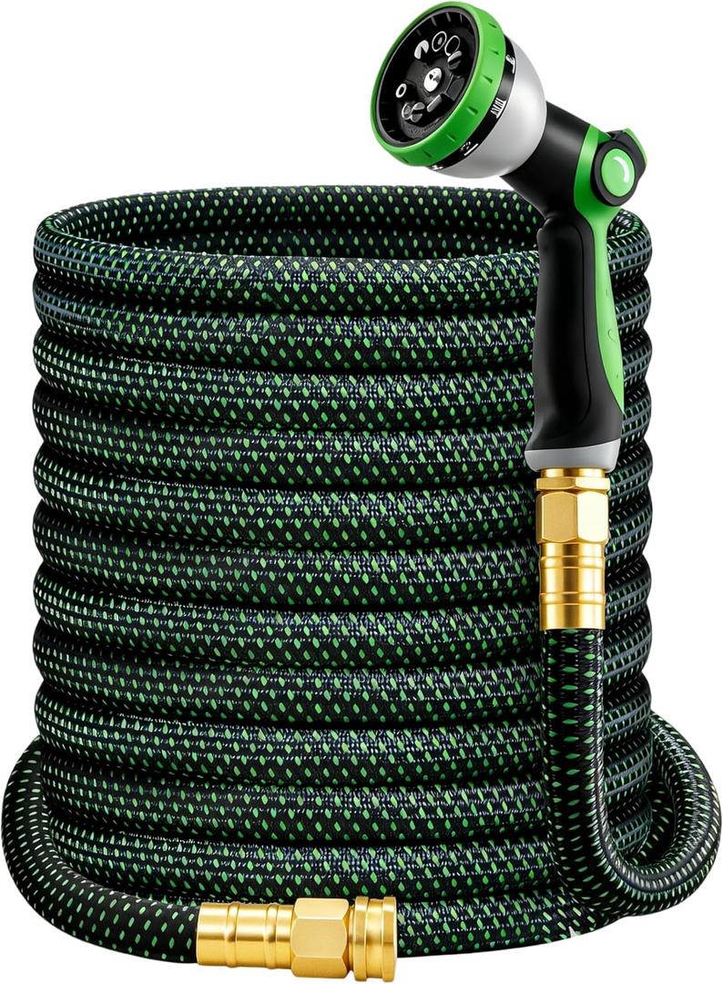 HBlife 50ft Garden Hose, Non Expandable Garden Hose with 10 Function Sprayer Nozzle, Flexible Lightweight Water Hose for Yard, Lawn, Car Wash and Outdoor (Black and Green)
