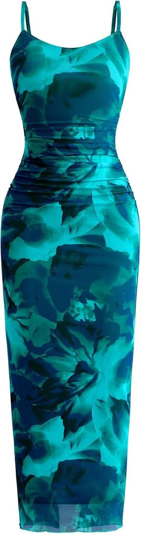 PRETTYGARDEN Summer Wedding Guest Dresses for Women 2025 Spaghetti Strap Mesh Bodycon Beach Floral Maxi Long Dresses (Medium, Floral Lake Blue)