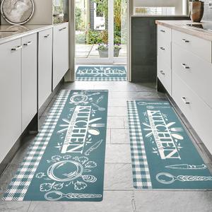 Kitchen Mats for Floor with Grid Design, Farmhouse 3 Piece Washable Absorbent Runner Rugs Non Slip Cushioned Kitchen Mat Comfort Rug Set for Kitchen, Floor, Office (17*30+17*47+17'*59", Turquoise)
