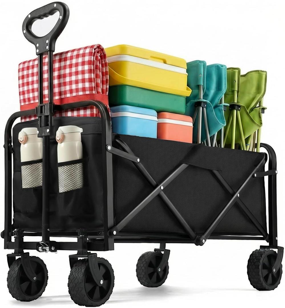 PASAMIC Collapsible Wagon 220 lbs, Heavy Duty Wagon Carts Foldable, Portable Wagons for Groceries, Beach Cart with All-Terrain Wheels & Drink Holders, Utility Wagon for Shopping, Sports, Camping,Black