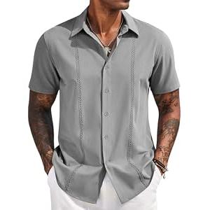 COOFANDY Mens Casual Button Down Short Sleeve Shirts Cuban Camp Guayabera Beach Tops, Light Grey, Small