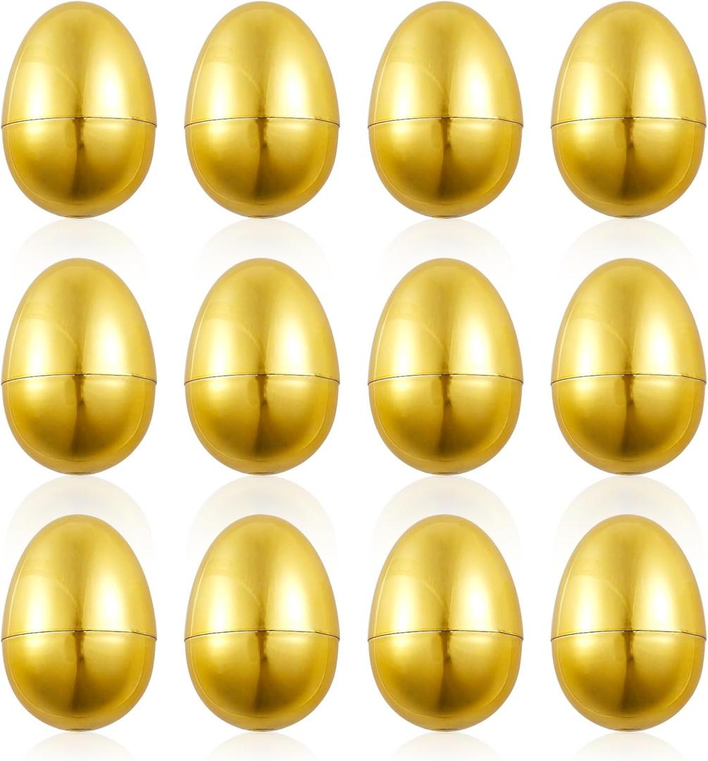 Set of 12 Golden Easter Eggs, Fillable Easter Eggs Plastic Easter Eggs Empty Easter Egg Hunt Games Party Favor Fillers Basket Stuffers Crafts for Easter Party Company Activities