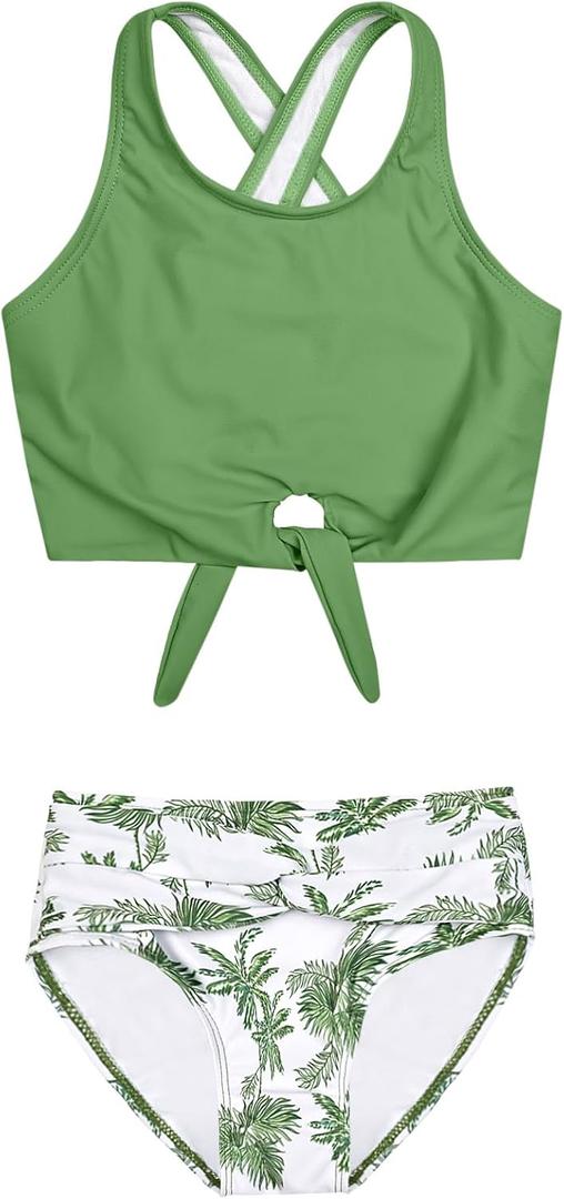 Mirawise Girls Swimsuits Swimwear Bathing Suit Beach Bikini Two Piece Tie Front Swimsiuts 4-13Y (12-13 Years, Green Tropical U95)