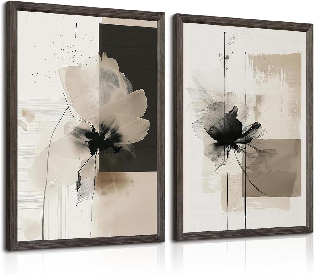 Tocliky Modern Abstract Floral Wall Art Minimalist Neutral Canvas Painting Decor Beige Cream And Black Wall Art Contemporary Flower Picture Prints for Living Room Bedroom 16x24 Inch Framed Set of 2,Ink Wash Flower Prints