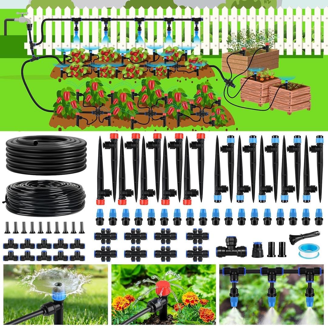 240FT Drip Irrigation System Kit Quick-Connect, Automatic Garden Watering System for Raised Garden Beds, Greenhouse, Yard, Lawn, Plant with 1/2 inch Hose 1/4 inch Distribution Tubing and Accessories