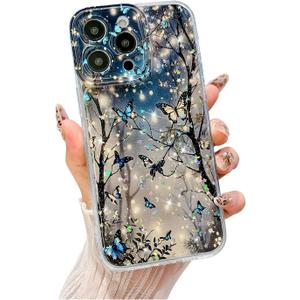 for iPhone 11 Pro Case Bling Cute Flowers Butterfly, Slim Glitter Cover, Raised Camera Lens Protection Shockproof Sparkly Floral Phone Case for Women Girls 5.8" - Blue
