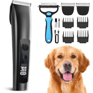 PAPMINI Dog Clippers for Grooming Thick Hair with Undercoat Rake, Low Noise Cordless Dog Grooming Kit with 2 Replacement Blade, Rechargeable Cat Shaver Timmer for Pets (Glossy black)