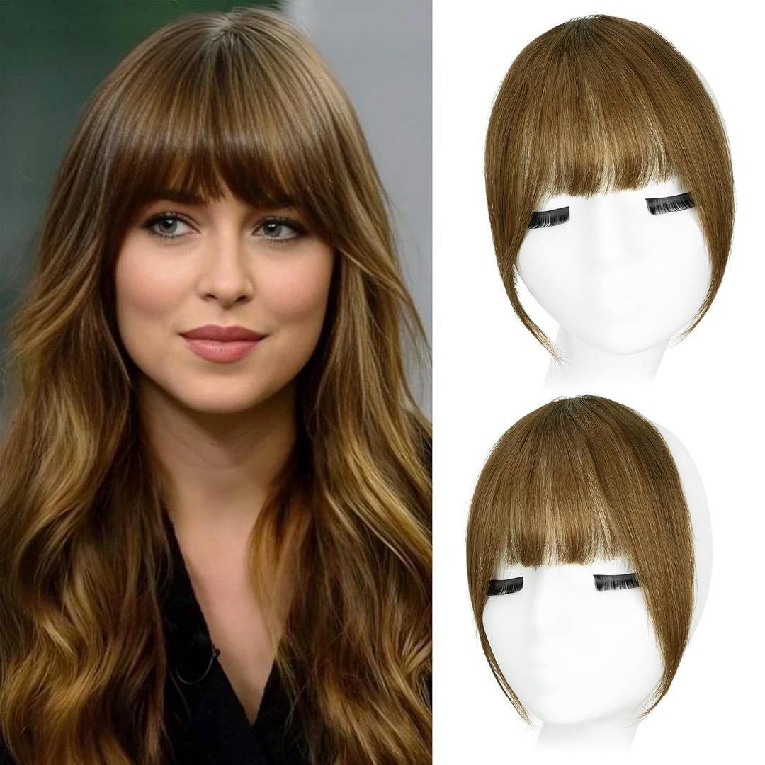 Yorda Bangs Hair Clip 100% Human Hair Clip in Bangs Fringe with Temples Wispy/French Bangs for Women Natural Looking for Daily Use (French Bangs, Light Copper Brown)