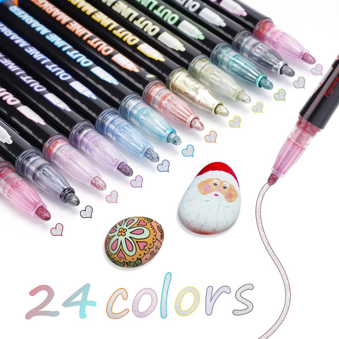 24 Colors Shimmer Outline Markers for Teen Girl Trendy Stuff, Metallic Glitter Pens Sparkle Glitter Markers Kids Age 4-14 Year Old Coloring Drawing Art Supplies Scrapbook Craft Cards Supplies