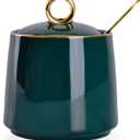 WHJY Ceramic Sugar Bowl with Lid and Spoon, Simple White Clear Porcelain Salt Bowl Salt Container, Modern Spice Box Seasoning Jar for Home and Kitchen Coffee Bar - Green