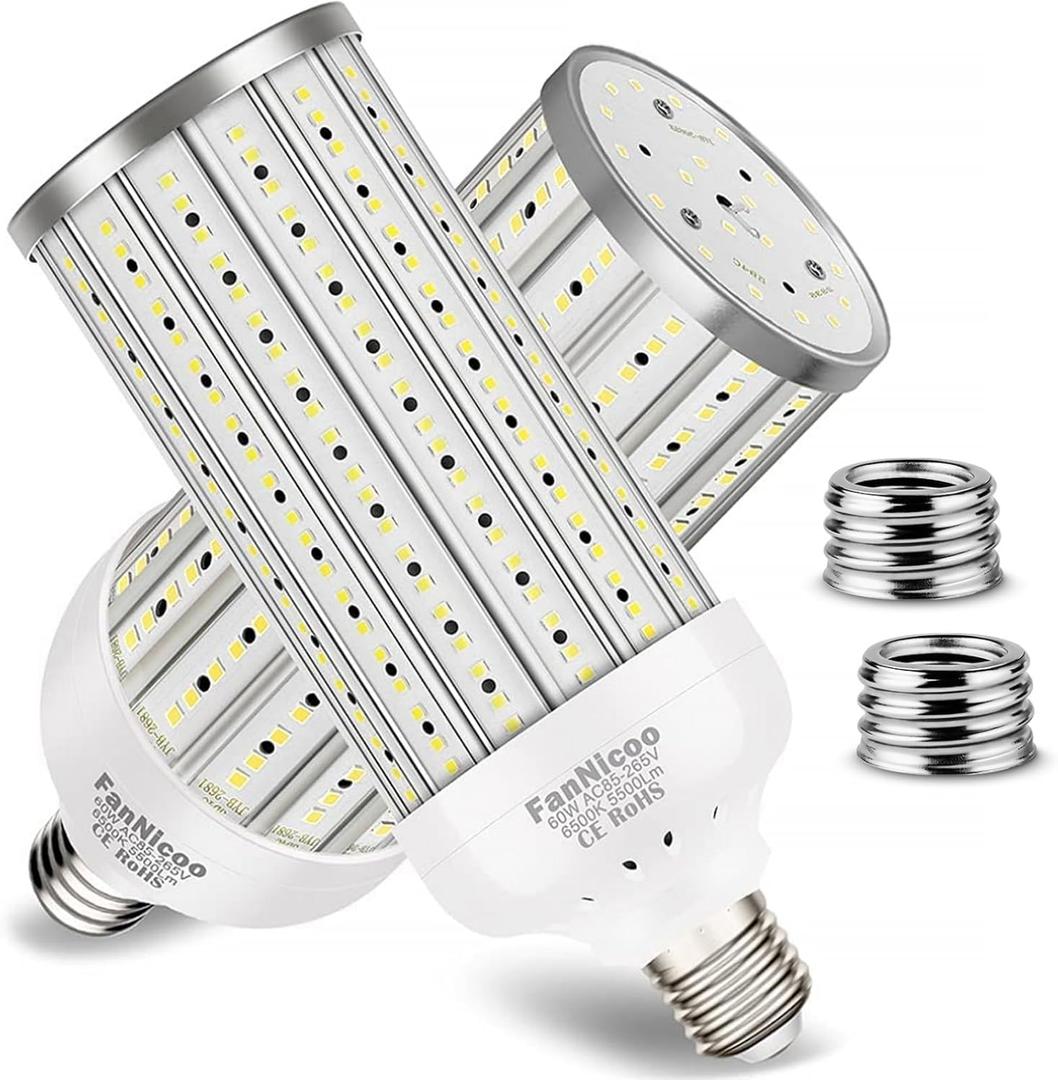FanNicoo 2 Pack 500W Equivalent LED Corn Light Bulb 5500 Lumen 6500K 60W Large Area Cool Daylight White E26/E27 Medium Base for Outdoor Indoor Garage Warehouse Factory Workshop Street Backyard